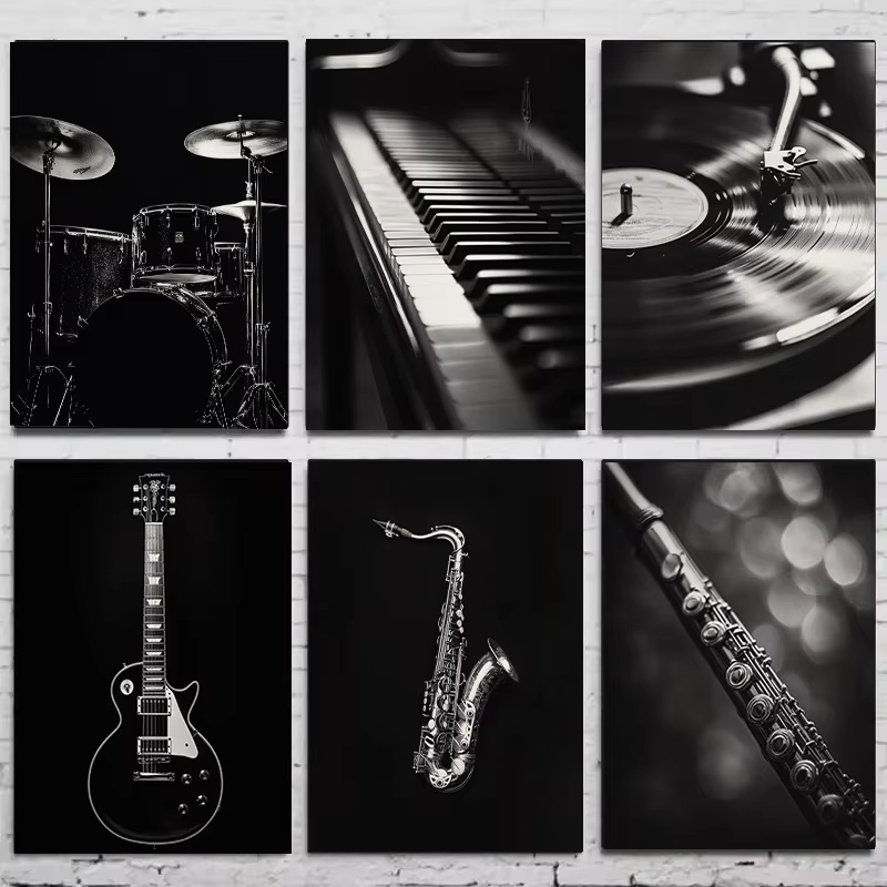 현대 흑백 음악 악기 포스터 기타 드럼 피아노 트럼펫  - Musical Instrument Image 리뷰 및 가격